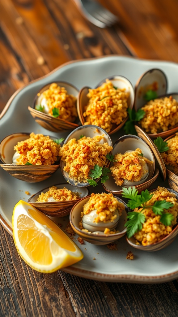 Baked clams with breadcrumb topping, garnished with parsley and lemon, on a wooden table.